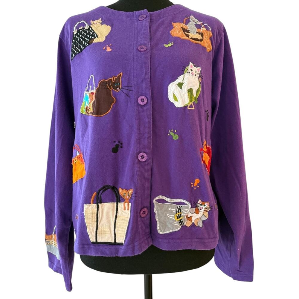 Michael Simon Lite Purple Cotton Cardigan Button Up Cat Handbag Applique Size M